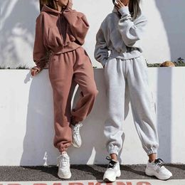 Casual Loose Two Piece Outfits for Women Comfortable Hoodie Two Piece Drop Shoulder Sleeve High Waist Woven Suit X0428