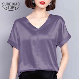 Summer Tops Silk Casual Solid Blouses Shirts V-neck Fashion Plus Size Women Elegant Female Clothing 0420 40 210415