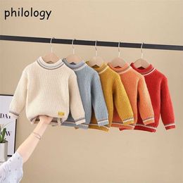 PHILOLOGY pure color fall winter boy girl kid thick crew neck shirts solid long sleeve pullover sweater 211104