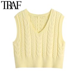 Women Sweet Fashion Cropped Cable-Knit Sweater Vintage V Neck Sleeveless Female Waistcoat Chic Tops 210507