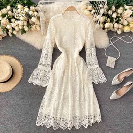 Summer Women Lace Party Long Sleeve Hollow Out Elegant Lady Slim Night Dress 210415