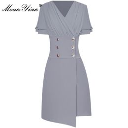 Fashion Designer Summer Slim Short Dress Women V-neck sleeve Double Breasted High waist Mini 210524