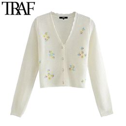 TRAF Women Fashion Floral Embroidery Cropped Cardigan Sweater Vintage Long Sleeve Button-up Female Outerwear Chic Tops 210415