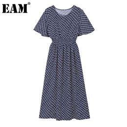 [EAM] Women Blue Plaid Printed Dress Round Neck Butterfly Short Sleeve Loose Fit Fashion Spring Summer 1DD8536 21512