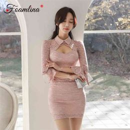 Women Lace Dress Spring Summer Turn Down Collar Flare Sleeve Hollow Out Front Backless Sexy Bodycon Party 210603