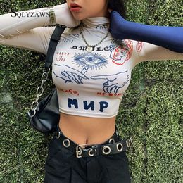 Women Street Long Sleeve Graffiti Top Fashion Girl Turtleneck Short T-Shirts Crop Top Autumn Letter 3D Pattern Print Tees Shirts 210709