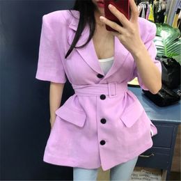 Chic Office Lady Gentle Casual Short Sleeves Solid Woollen Leisure Women Loose All Match Brief Sashes Belt Blazers 210421