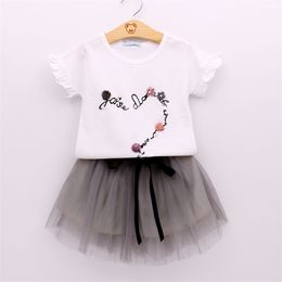 Girls Summer Suit Kid Clothes Clothing Sets White Top+Mesh Skirt 2Pcs Flower Decoration Children 210528
