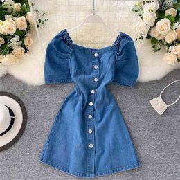 Women Summer Dress Fashion Short Puff Sleeve Single Breasted High Waist Thin Retro Square Neck Denim Vestidos M260 210527