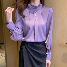 Korean Women Silk Blouses Shirts Woman Satin Tops Long Sleeve Beading Blouse Shirt Ladies 210427