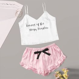 Plus Size Women's Sleepwear Sexy Satin Silk Letter Pyjama Set V-Neck Pyjamas Sleeveless Cute Cami Top Short pijama mujer 210330