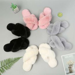 Winter Faux Fur Indoor Slippers Rabbit Plush Cross-strap Cotton Sandalia Flats Sandales Female Shose 210928