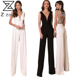 Women Jumpsuit Deep V Neck Sleeve Backless Rompers Womens High Waist Straight Loose Casual Summer Romper 210513