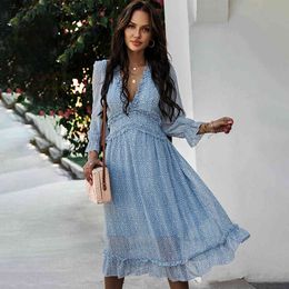 Jastie Ruffle V-Neck Lantern Sleeve Women Dress Leopard Print Boho Chiffon Dresses Simple Casual Beach Midi Dress Summer Vestido 210419