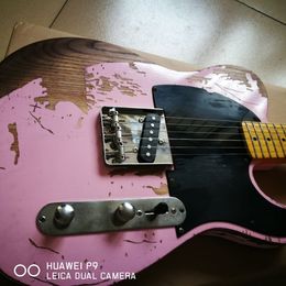 Custom Shop Handmade 1963 Heavy Relic Light Pink Electric Guitar Maple Neck & Fingeboard, Dot Inlay, Black Pickugard, Vintage Tuners, Chrome Hardware