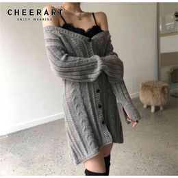 Grey Sweater Dress V Neck Knitted Off Shoulder Women Button Up Ladies Bodycon Winter Clothing 210427