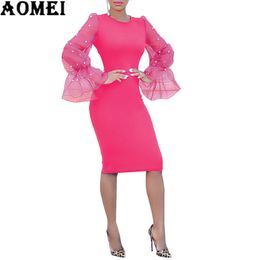 A3050 and American women's explosions fashion slim Pearl European yarn horn sleeve hip sexy dress 210416