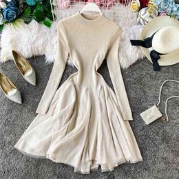 Korean Elegant Knitted Mesh Patchwork Mini Dress Autumn Women Long Sleeve Ball Gown Party Casual A Line Sweater Vestidos 210514