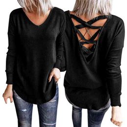 Sexy Backless Cross Strap Solid Slim Long Sleeve Women T-Shirts Casual V Neck Hollow Out Autumn Female Thin Pullover T-shirt 210522