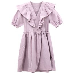 Women Purple White Black Pink V Neck Ruffle Short Sleeve A Line Empire Mini Dress Sweet Summer D2661 210514