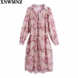 Women Vintage long paisley Print Side Split Chiffon Shirt Dress Female Chic oversize Blouse belt dresses Vestido 210520