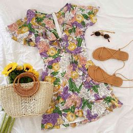 INSPIRED multi floral print ruffle dress for women v-neck tie short sleeves summer dress chiffon mini beach dress cute 210412