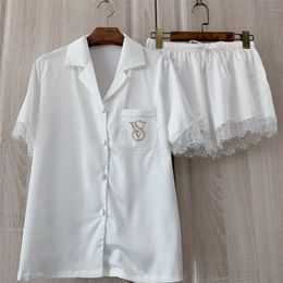 ICCLEK Pajamas for Women Shorts Female Sexy Lace Summer Silky Satin Homewear Short Sleeve Gifts Wife and Girlfriend 210809