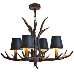 Chandeliers Church Candle Antler Lamp 4/6/8/10/15 Lights Chandelier Vintage Retro Black Lampshade Hanging Restaurant Decoration