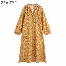 Zevity Women Vintage V Neck Totem Floral Print Side Split Midi Dress Female Single Breasted Vestidos Casual Shirt Dresses DS8287 210603