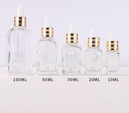 Transparent Clear 20ml Essential Oil Square Dropper Bottle 10ml 30ml 50ml Glass Serum Bottles with Gold Cap for Cosmetic SN2589