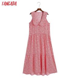 Tangada Summer Women Red Flowers Print French Style Long Dress Peter Pan Collar Ladies Sundress 6Z103 210609