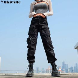 Button Pockets Slim Cargo Pants Women High Waist Vintage Harajuku Streetwear Harem Gothic Qualities Female black 210608