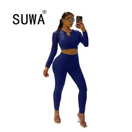 Solid Color Knit Women Two Piece Tracksuit Set Long Sleeve Crop Top + Vintage High Waist Pants Sexy Club Outfits Lounge Wear 210525