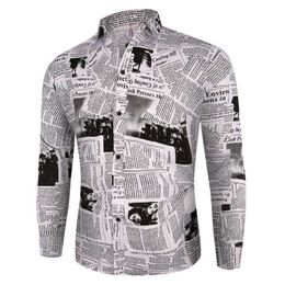 Korean Fashion Shirts For Men's spaper Print Slim Fit T Shirt Top Button Up Front Long Sleeve Lapel Collar Blouse Shirt 210527