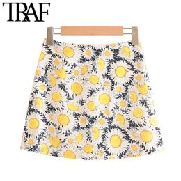 TRAF Women Fashion Floral Print Linen Mini Skirt Vintage A Line High Waist Back Zipper Female Skirts Faldas Mujer 210415