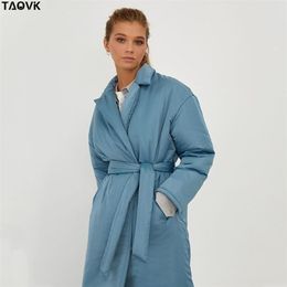 TAOVK women Winter Thick Long Coat Female Single-breasted Windbreaker Wide-Waisted Loose Sashes Warm Cotton coat 211008