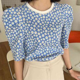 Korea Style Women Floral Printed Knitted T-shirt Spring Blue Daisy Print Sweater Crop Top Casual Loose Knitwear Outerwear 210529