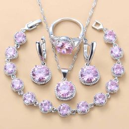 Sweet Pink Zircon Wedding Costume Silver Colour Round Jewellery Sets For Women Necklace And Earrings Bridal Sets H1022