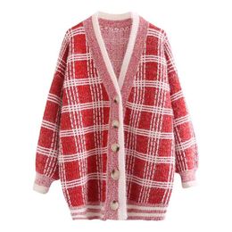 Women Long Red Blue Khaki Plaid V Neck Single Breasted Button Knitted Loose Sweater Cardigans M0002 210514