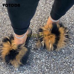 Summer Home Flat Shoes Women Furry Alippers Fluffy Raccoon Slides Rainbow Faux Flip Flops Female's Soft Cute Sandals