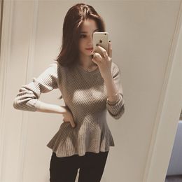Women's Autumn/winter Sweater with Ruffled Hem Round Neck Student Long-sleeved Knit Bottoming Shirt Pullover Tight Top GX239 210507