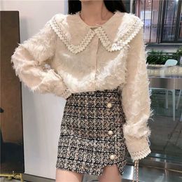 French Sweet Long Sleeve Shirt Winter Bottoming Women Doll Collar Tassel Tops Spring Warm Casual Korean Clothing Ladies 210604