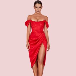 Ocstrade Red Off Shoulder Short Sleeve Over Knee Wrinkled Slit Bodycon Dress HI1116-Red 210527