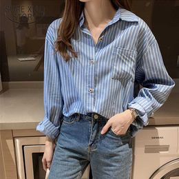 Autumn Korean Loose Long Sleeve Blouse Tops Women Shirts Blue Striped Shirt Pocket Casual OL Style Female Blusas 10429 210528