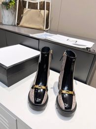 Women luxury Interlocking Horsebit Boot Black leather trim Rubber lug sole Size 35-42