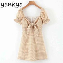 Summer Dress Women Front Bowknot V Neck Vintage Plaid Lady Sexy Backless Short Sleeve A-line Mini SDP9275 210514
