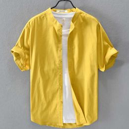 Summer Yellow Shirt for Men Pure Cotton Short Sleeves Tops Stand Collar Cardigan Men Clothes 210601