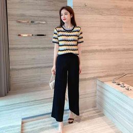 Summer Round Neck Pullovers Striped Knitted Short-Sleeved Sweater + High Waist Wide-Leg Knit Pants Women 2pcs Casual Set 210520