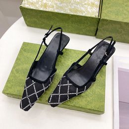 2022 Women's slingback Sandals pump Aria slingback shoes are presented in Black mesh with crystals sparkling motif Back buckle closure 32a3#