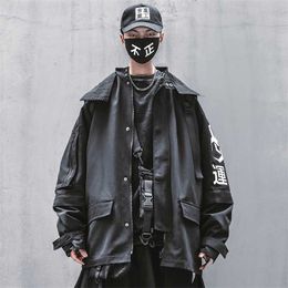 Men Techwear Jacket Black Kanji Windbreaker Japanese Streetwear Fashion Hooded Coat 211217